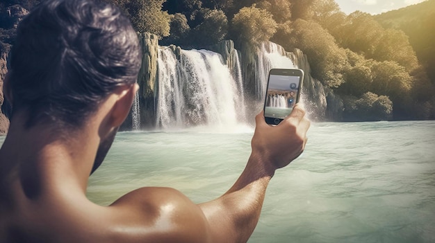 Homme photographiant une superbe cascade et une végétation luxuriante au bord d'un lac paisible Generative AI