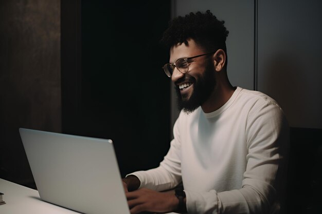 Photo homme pigiste assis à son bureau avec un ordinateur portable au bureau à la maison en regardant l'écran