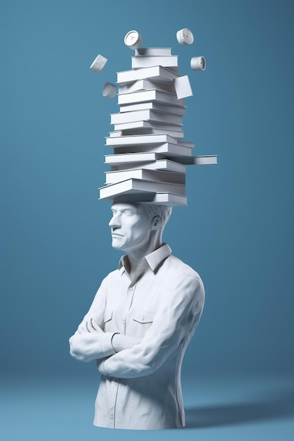 Un homme avec une pile de livres sur la tête Image AI générative