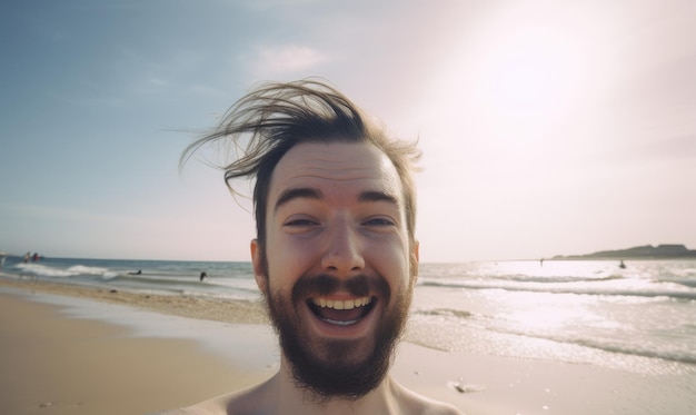 Un homme sur une plage avec une barbe et une chemise qui dit "je suis un homme de plage"
