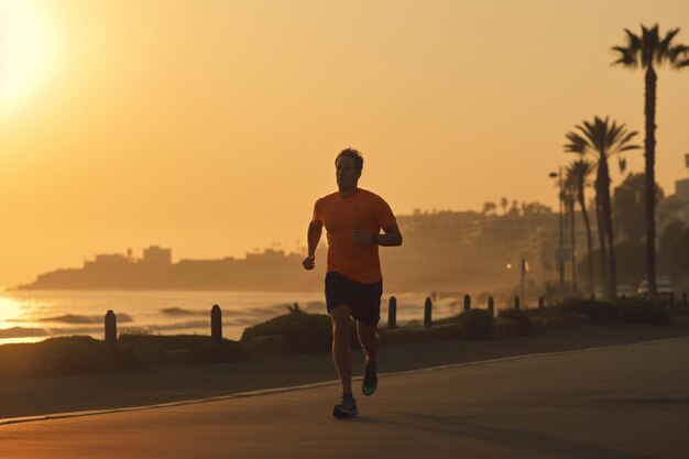 Un homme à la plage faisant du jogging en tenue de sport