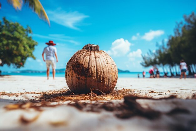 Photo un homme sur la plage ouvre une noix de coco