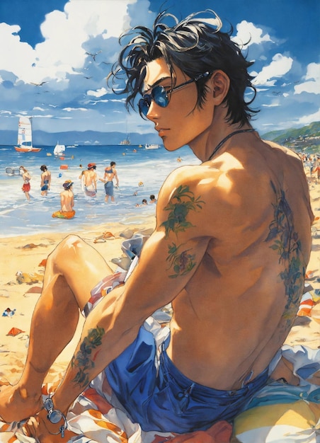 Un homme sur la plage une peinture détaillée de Hirohiko Araki présentée sur Pixiv détail d'art analytique