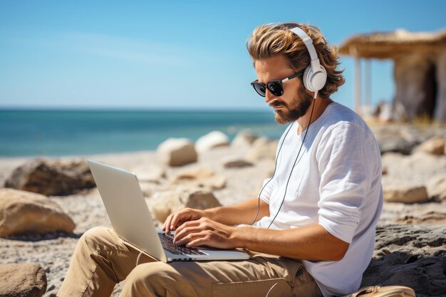 Un homme sur la plage travaillant avec un ordinateur