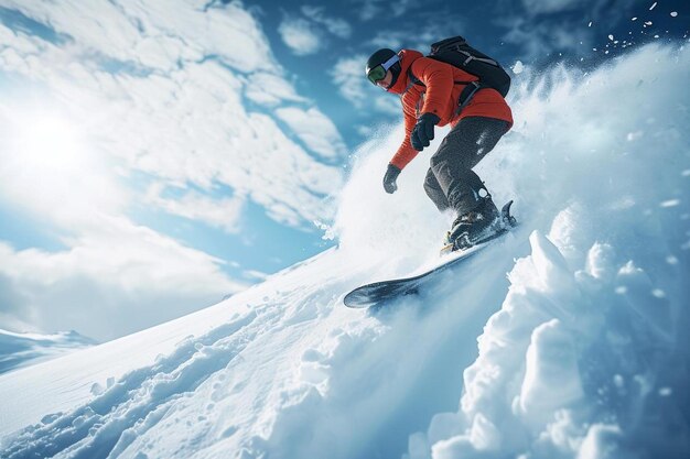 un homme sur une planche à neige sur le côté d'une pente couverte de neige