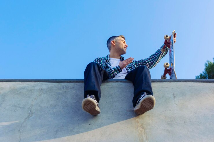 Photo un homme avec une planche à roulettes assis sur le mur contre un ciel bleu clair