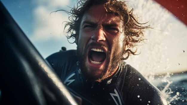 Photo un homme avec une planche de surf à la main hurle.