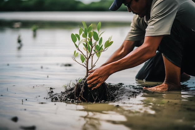 Un homme plantant un arbre dans l'eau