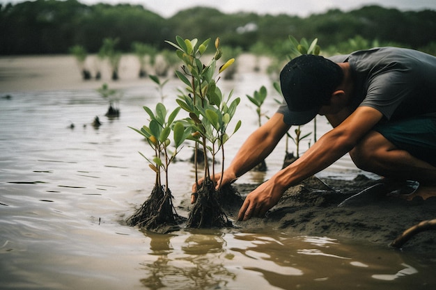 Un homme plantant un arbre dans une forêt de mangrove