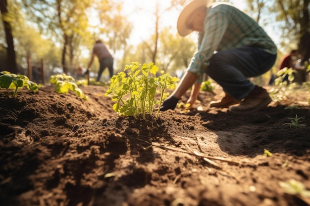 Un homme plantant un plant de tomate dans un jardin