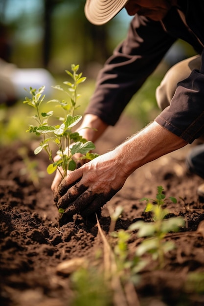 Un homme plantant une plante dans un jardin