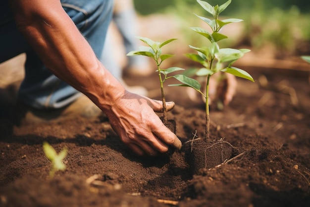 un homme plantant une plante dans le sol