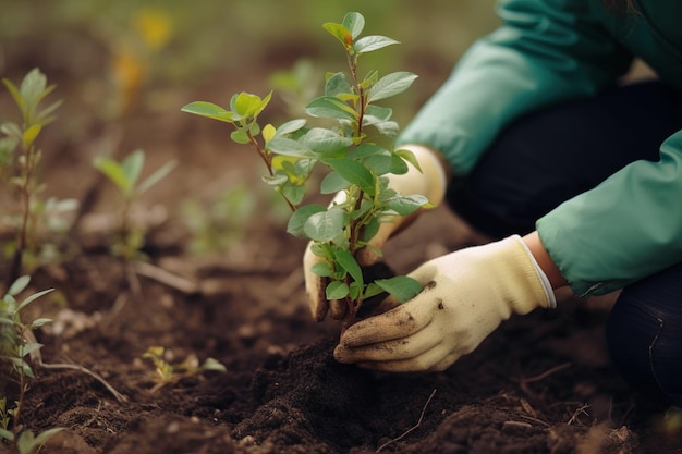 Homme plantant des semis dans le sol volontaire travaillant avec des jeunes arbres IA générative