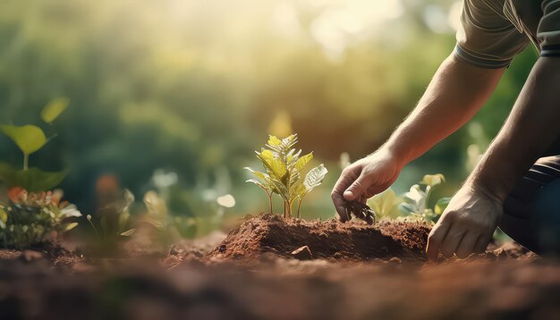 Un homme plante une plante dans le jardin.