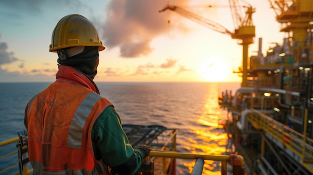 Un homme sur une plate-forme pétrolière admire le coucher de soleil sur l'eau et le ciel AIG41