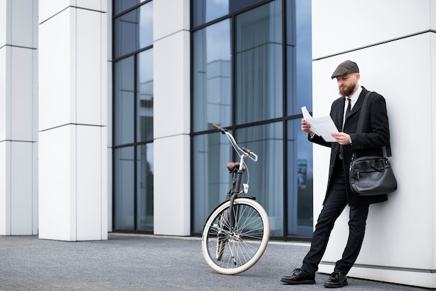 Homme plein coup lisant des documents