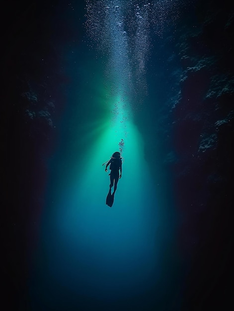 L'homme en plongée profonde dans le monde du paysage sous-marin