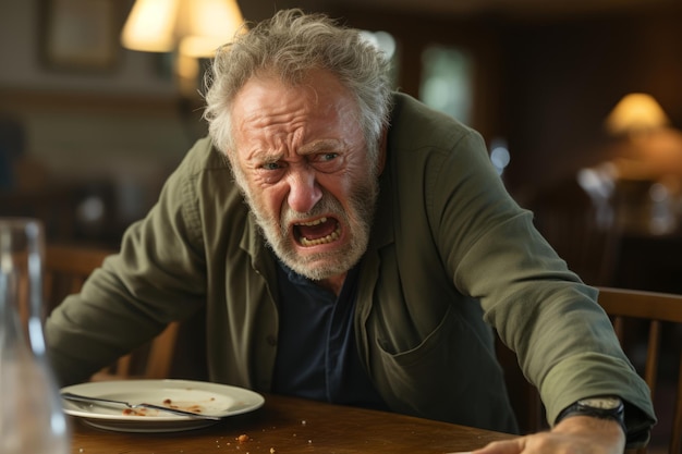 un homme plus âgé assis à une table avec une assiette de nourriture devant lui