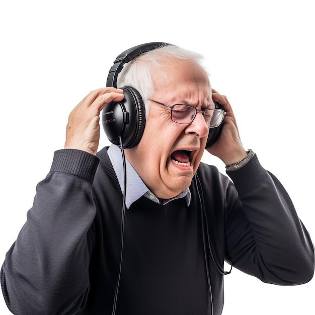 Un homme plus âgé chante et écoute de la musique avec un casque les yeux fermés fond blanc