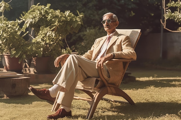 Un homme plus âgé en costume-cravate se détendant à l'extérieur sur une chaise de jardin