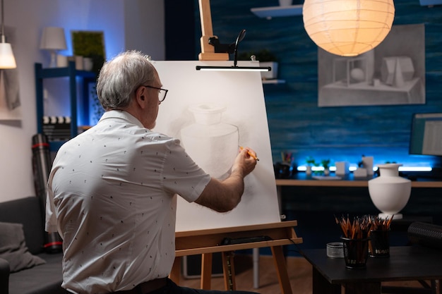 Homme plus âgé dessinant un dessin au crayon original d'un vase en plâtre se sentant créatif sur un chevalet dans un home studio. Artiste à la retraite créant un croquis de conception authentique dans une étude de lumière lors d'un atelier du soir.