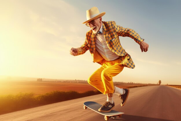 Un homme plus âgé fait du skateboard sur une route