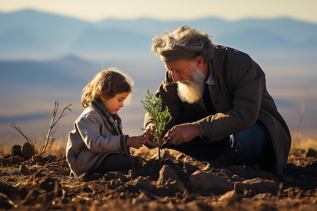 Un homme plus âgé et une jeune fille plantent un arbre