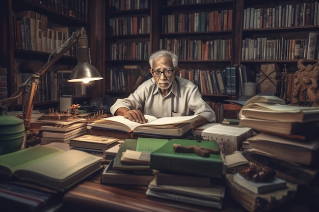 Un homme plus âgé lit un livre dans un bureau rempli de livres et de papiers