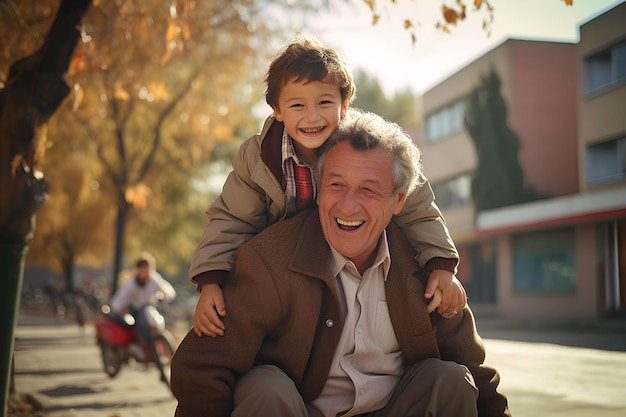 Un homme plus âgé avec un petit enfant sur ses épaules