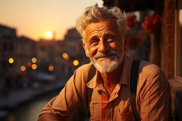 Homme plus âgé souriant au coucher du soleil IA générative