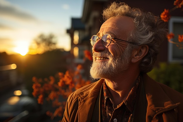 Homme plus âgé souriant au coucher du soleil IA générative