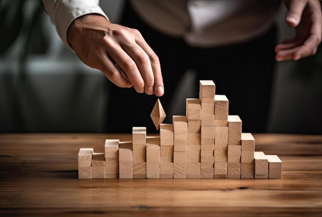 homme pointant des cubes en bois avec une flèche vers la table dans le style des surfaces multicouches