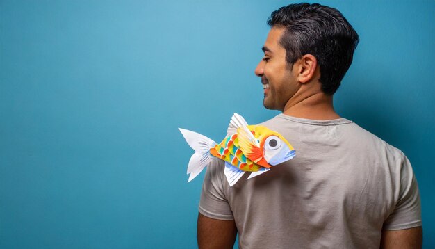 Photo un homme avec un poisson en papier sur le dos sur un fond bleu pour le 1er avril