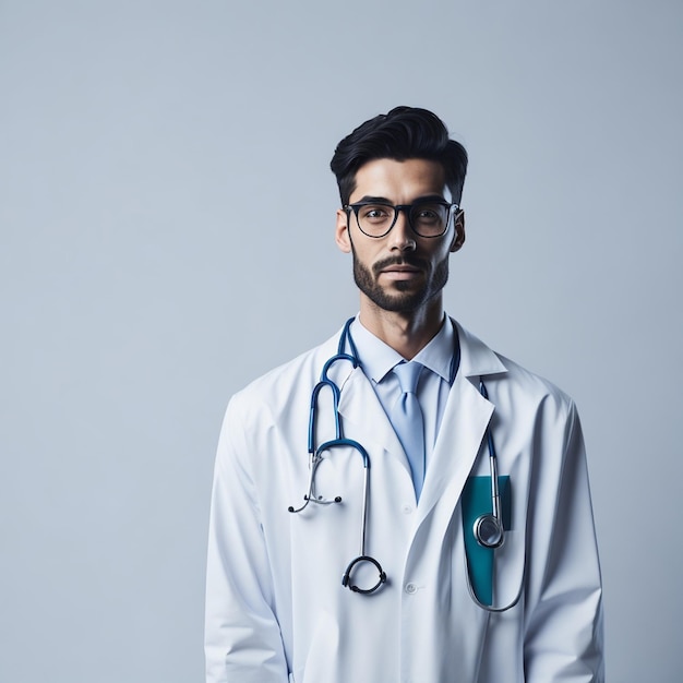 Un homme portant une blouse de laboratoire et un stéthoscope se tient devant un mur blanc.