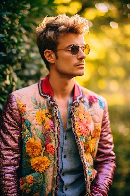 Un homme portant un blouson fleuri se tient devant un arbre.