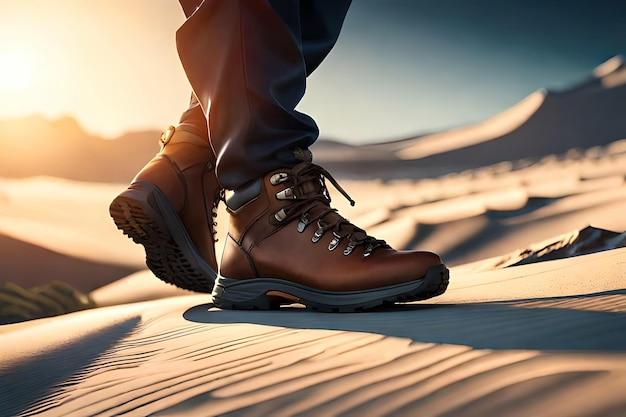 Un homme portant une botte en cuir marron se tient dans le désert.