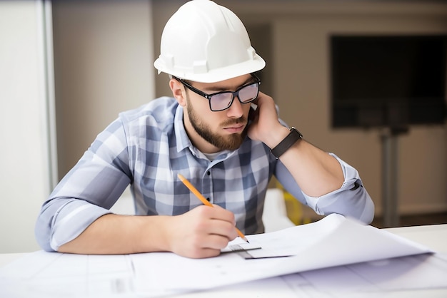 Un homme portant un casque blanc est assis à une table avec des plans et un crayon jaune.