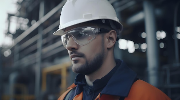 Un homme portant un casque blanc et des lunettes se tient devant une usine.