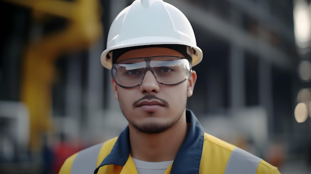 Un homme portant un casque blanc et des lunettes de sécurité se tient devant un chantier de construction.