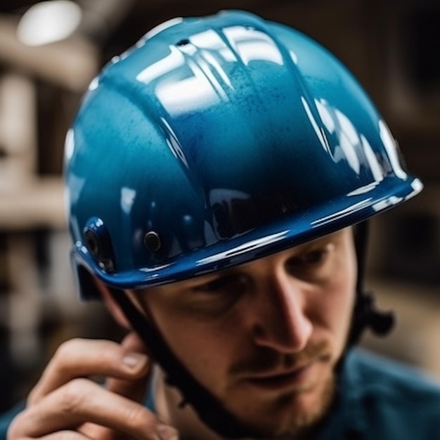 Un homme portant un casque bleu ajuste la sangle de son casque.