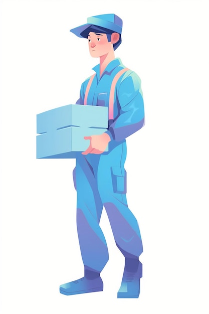 Un homme portant un casque bleu porte une pile de cartons.