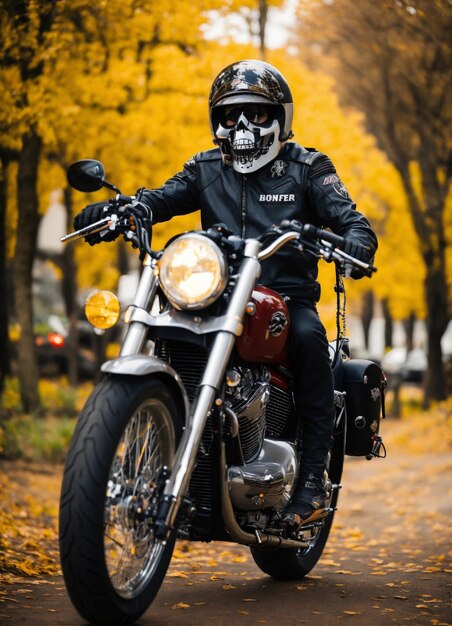 un homme portant un casque et un casque est à cheval sur une moto