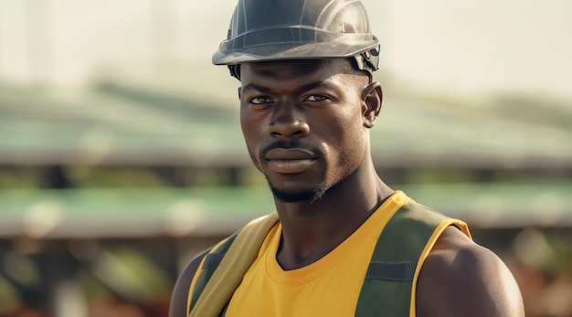 Un homme portant un casque et une chemise jaune se tient devant un bâtiment.