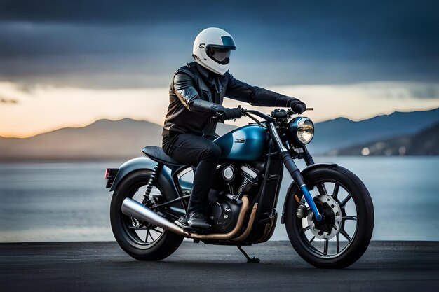 un homme portant un casque conduit une moto avec des montagnes en arrière-plan.