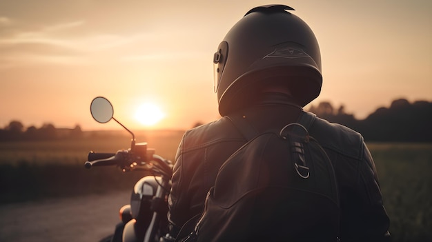 Un homme portant un casque conduit une moto et regarde le coucher du soleil.