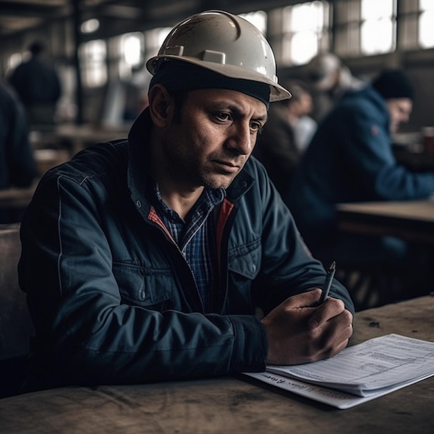 Un homme portant un casque est assis à une table dans une usine avec un morceau de papier dessus.