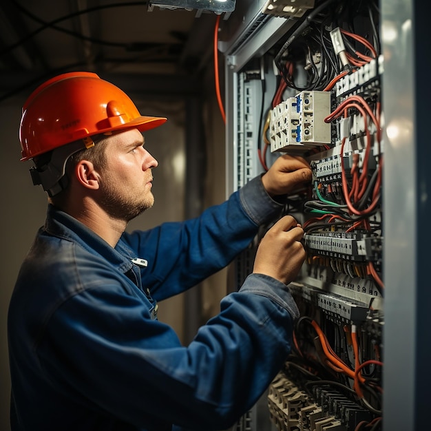 un homme portant un casque est en train de travailler sur un grand appareil électronique