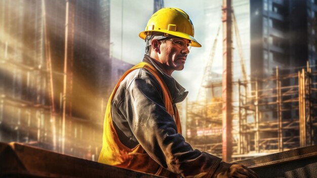 Un homme portant un casque jaune et un casque jaune se tient devant une usine.