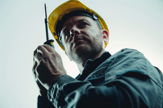 Un homme portant un casque jaune et un chapeau dur tient une radio