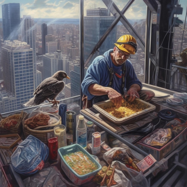 Un homme portant un casque jaune fait cuire des aliments dans une cuisine avec un oiseau sur la fenêtre.